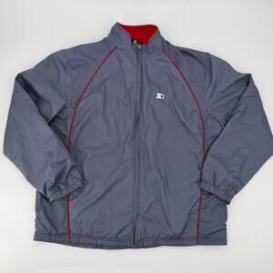 Starter Jacket Mens L Gray Red Fleece Lined Full Zip Athletic Windbreaker